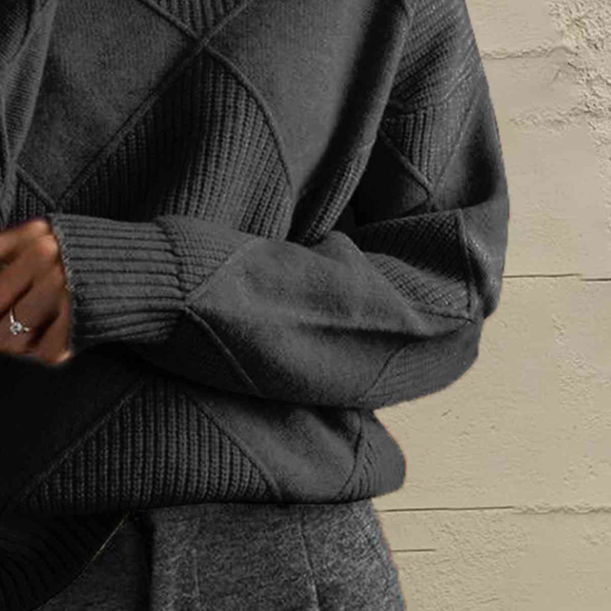 Dark Slate Gray Geometric Turtleneck Long Sleeve Sweater Sentient Beauty Fashions Tops