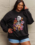 Tan Simply Love Simply Love Full Size Flower Skeleton Graphic Sweatshirt Sentient Beauty Fashions Apparel & Accessories
