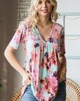 Gray Heimish Full Size Floral V-Neck Short Sleeve Babydoll Blouse Sentient Beauty Fashions Apparel & Accessories