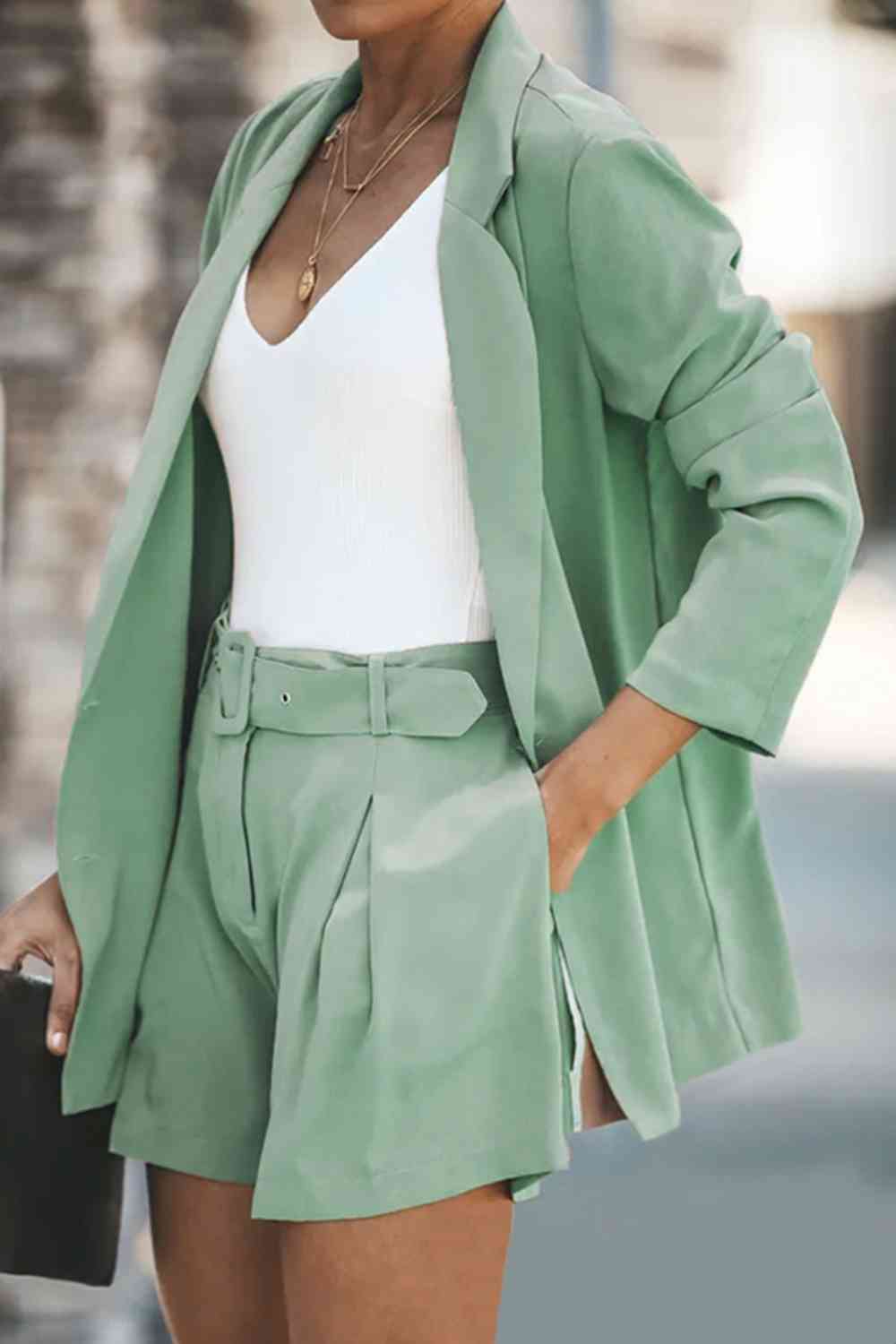 Dark Sea Green Longline Blazer and Shorts Set with Pockets Sentient Beauty Fashions Apparel &amp; Accessories