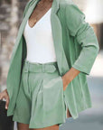 Dark Sea Green Longline Blazer and Shorts Set with Pockets Sentient Beauty Fashions Apparel & Accessories