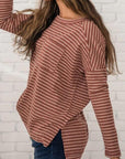 Tan Striped Round Neck Long Sleeve Slit T-Shirt Sentient Beauty Fashions Apparel & Accessories