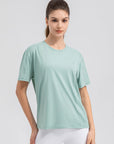 Light Gray Round Neck Short Sleeve Active Top Sentient Beauty Fashions Apparel & Accessories