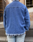 Dark Slate Blue Plus Size Plaid Collared Neck Raw Hem Denim Jacket Sentient Beauty Fashions Apparel & Accessories