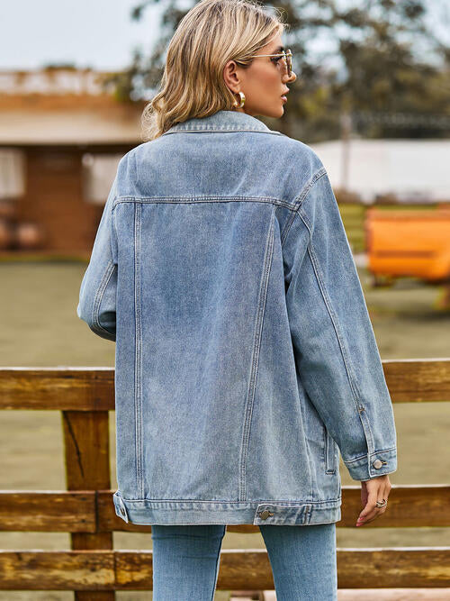 Light Slate Gray Collared Neck Denim Jacket With Pockets Sentient Beauty Fashions Apparel &amp; Accessories