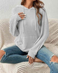 Gray Ribbed Dropped Shoulder Drawstring Hoodie