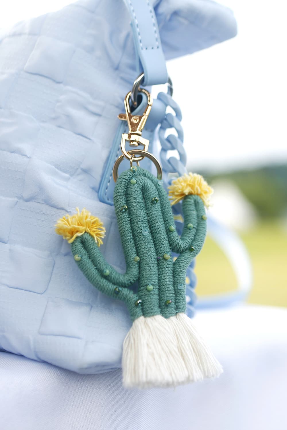 Light Gray Bead Trim Cactus Keychain with Fringe Sentient Beauty Fashions Apparel & Accessories