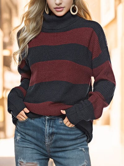 Bisque Striped Turtleneck Long Sleeve Sweater