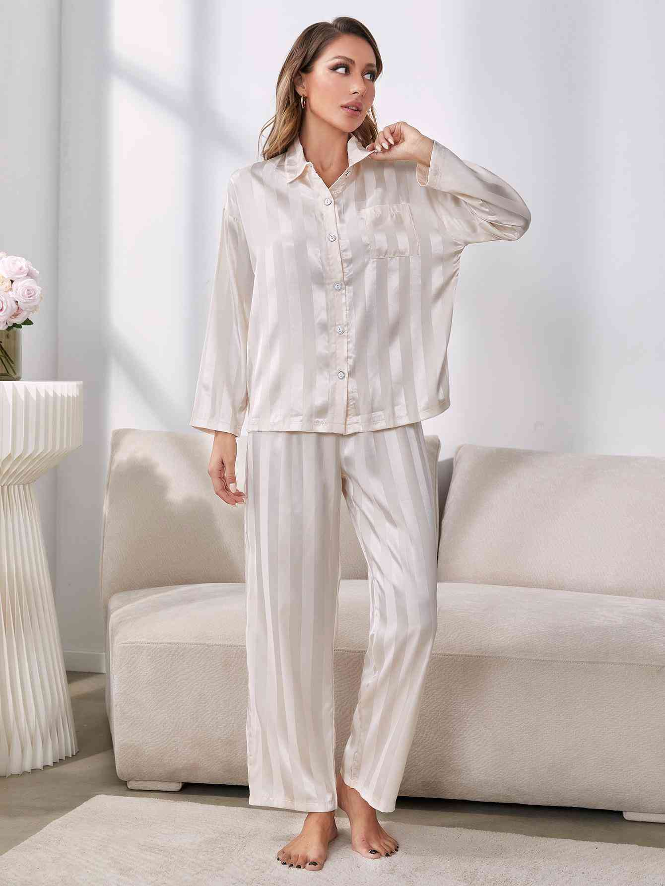 Gray Button-Up Shirt and Pants Pajama Set