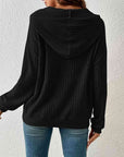 Black Ribbed Dropped Shoulder Drawstring Hoodie