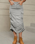 Rosy Brown Drawstring Ruched Slit Denim Midi Skirt Sentient Beauty Fashions Dresses