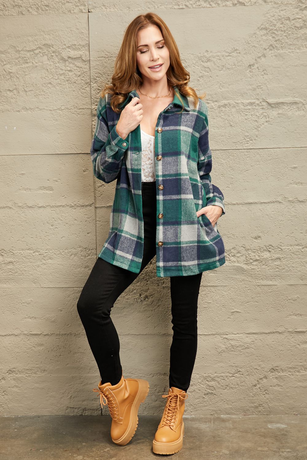 Rosy Brown Double Take Plaid Dropped Shoulder Pocketed Shirt Jacket Sentient Beauty Fashions Apparel & Accessories