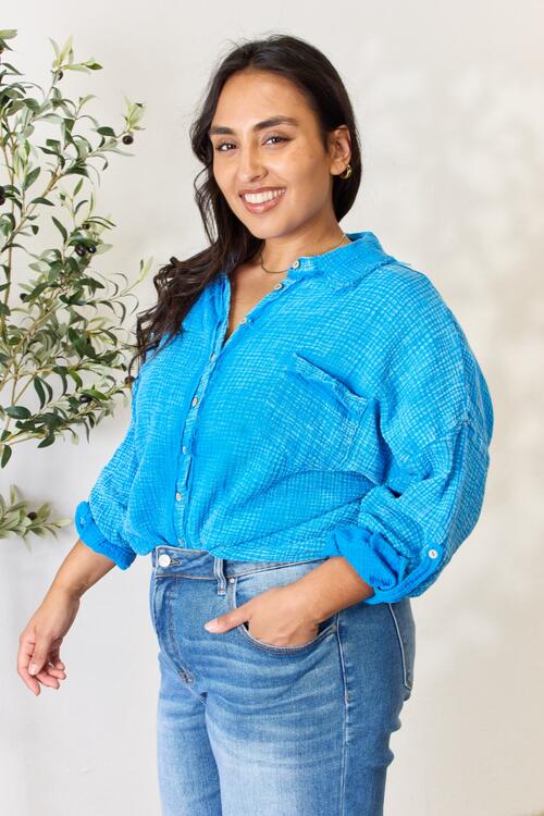 Steel Blue Zenana Full Size Washed Raw Trim Button Down Shirt Sentient Beauty Fashions Apparel & Accessories