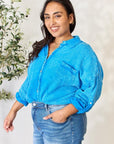 Steel Blue Zenana Full Size Washed Raw Trim Button Down Shirt Sentient Beauty Fashions Apparel & Accessories