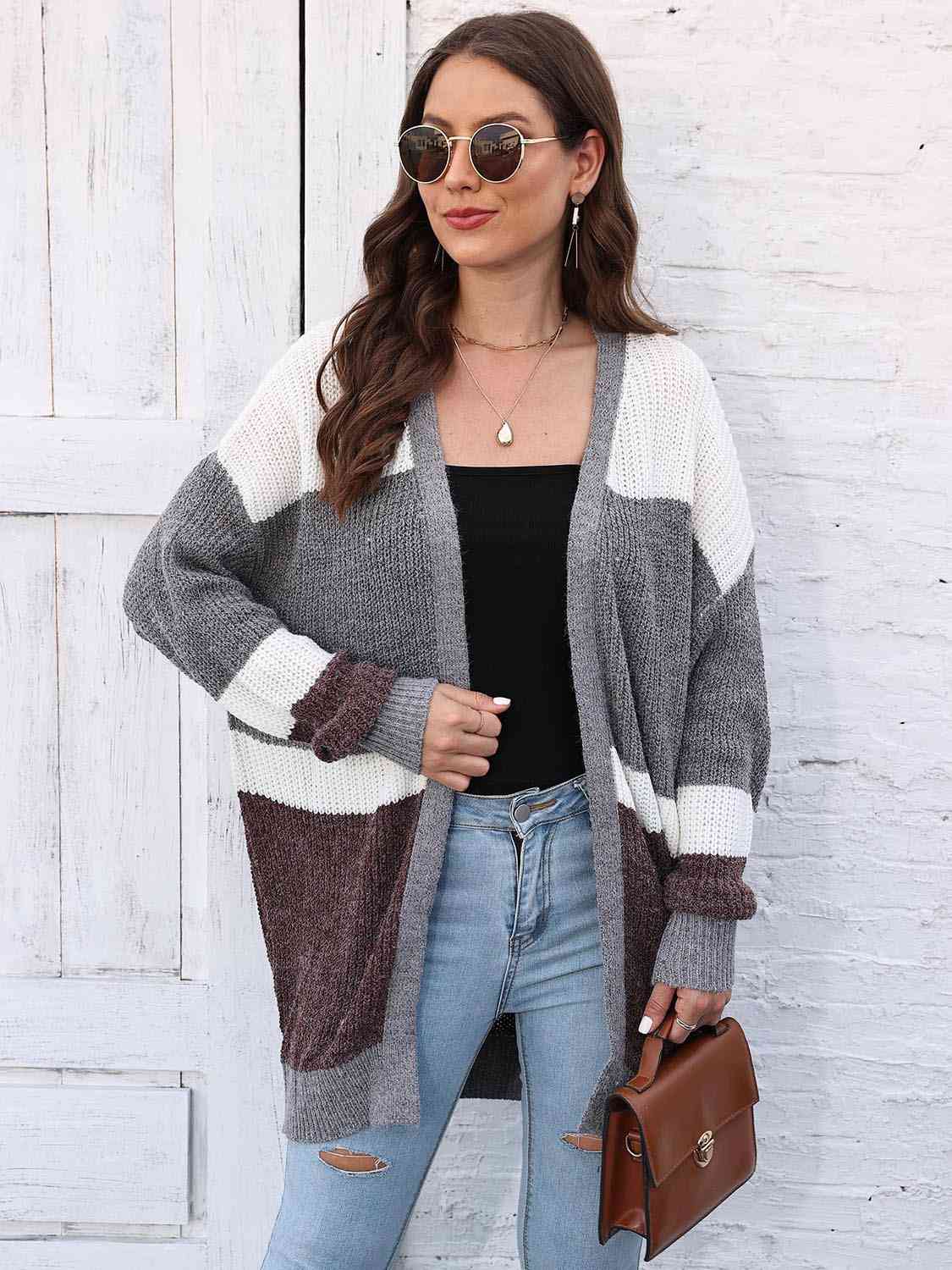 Light Gray Color Block Open Front Cardigan Sentient Beauty Fashions Apparel & Accessories