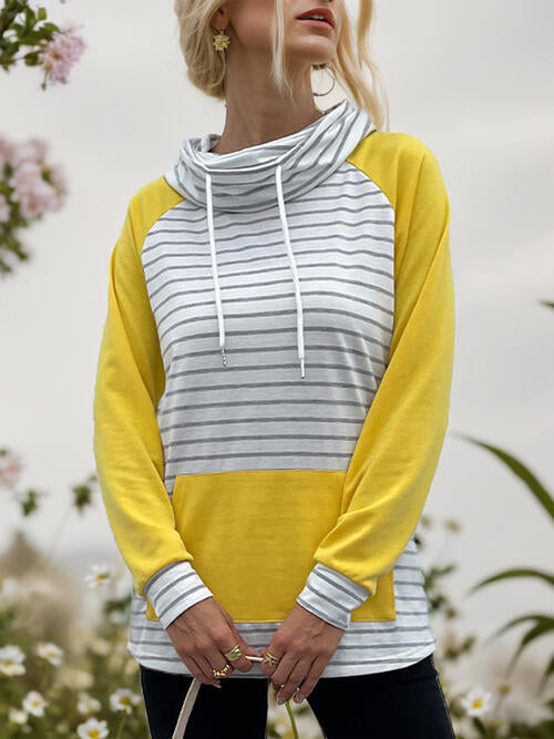 Light Gray Contrast Striped Drawstring Long Sleeve Sweatshirt Sentient Beauty Fashions Tops