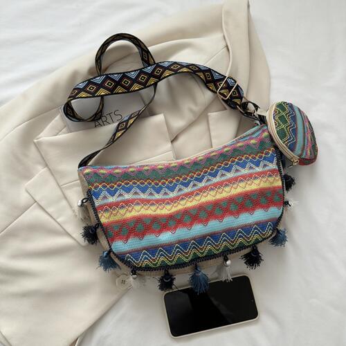 Gray Printed Tassel Detail Crossbody Bag with Small Purse Sentient Beauty Fashions *Accessories