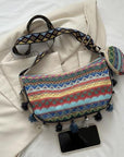 Gray Printed Tassel Detail Crossbody Bag with Small Purse