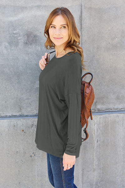 Dark Gray Basic Bae Full Size Round Neck Dropped Shoulder T-Shirt Sentient Beauty Fashions Apparel &amp; Accessories