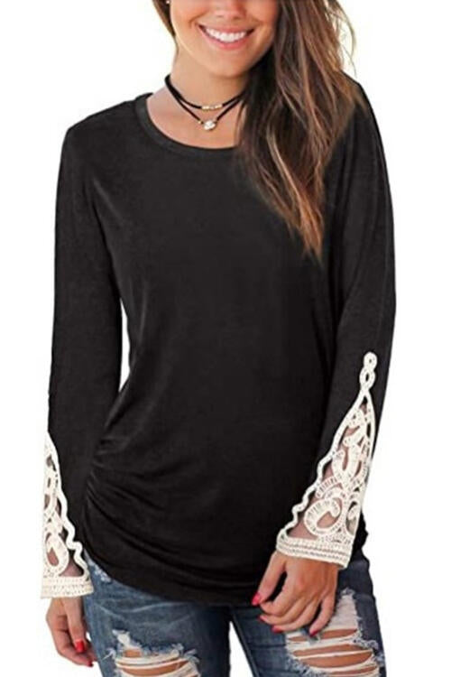 Tan Lace Detail Long Sleeve Round Neck T-Shirt Sentient Beauty Fashions Apparel &amp; Accessories