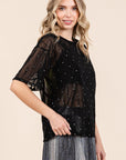 Bisque GeeGee Round Neck Drop Shoulder Mesh Glitter Top