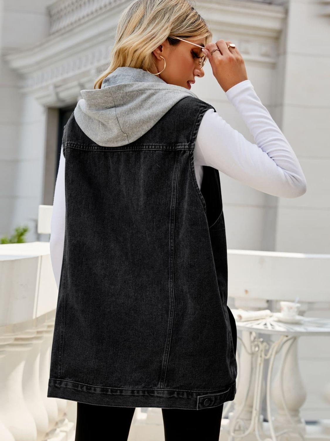 Gray Drawstring Hooded Sleeveless Denim Top with Pockets Sentient Beauty Fashions Apparel &amp; Accessories