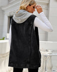 Gray Drawstring Hooded Sleeveless Denim Top with Pockets Sentient Beauty Fashions Apparel & Accessories