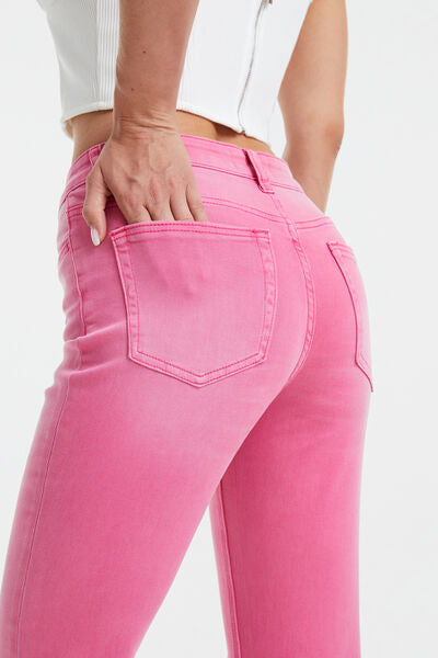 Pale Violet Red BAYEAS Full Size High Waist Distressed Raw Hem Jeans Sentient Beauty Fashions Apparel & Accessories