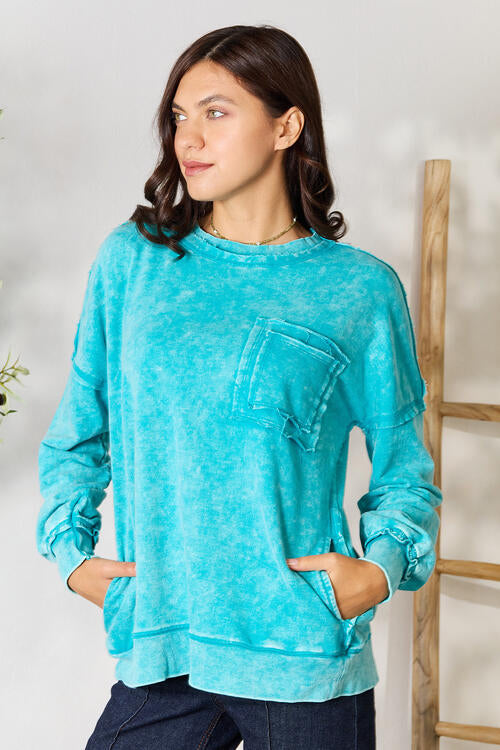 Light Sea Green Zenana Exposed Seam Long Sleeve Sweatshirt Sentient Beauty Fashions Apparel & Accessories