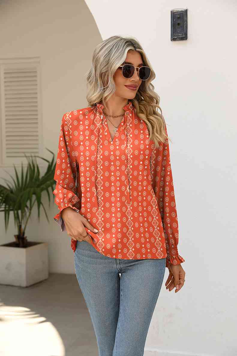 Rosy Brown Printed Tie Neck Flounce Sleeve Blouse