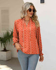 Rosy Brown Printed Tie Neck Flounce Sleeve Blouse