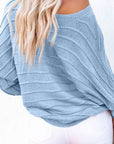 Light Gray Striped Ribbed Trim Round Neck Sweater Sentient Beauty Fashions Apparel & Accessories