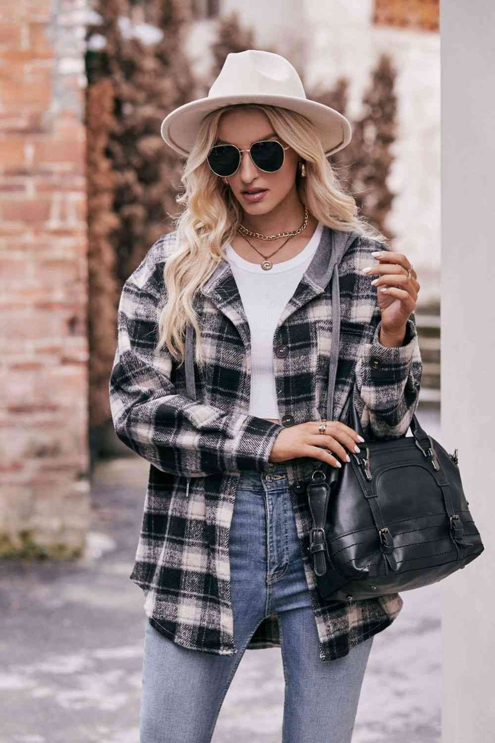 Dark Gray Plaid Dropped Shoulder Hooded Longline Jacket Sentient Beauty Fashions Apparel & Accessories