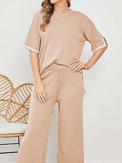 Contrast High-Low Sweater and Knit Pants Set