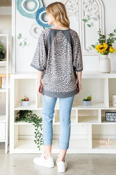 Light Gray Heimish Full Size Leopard Contrast V-Neck Half Sleeve T-Shirt