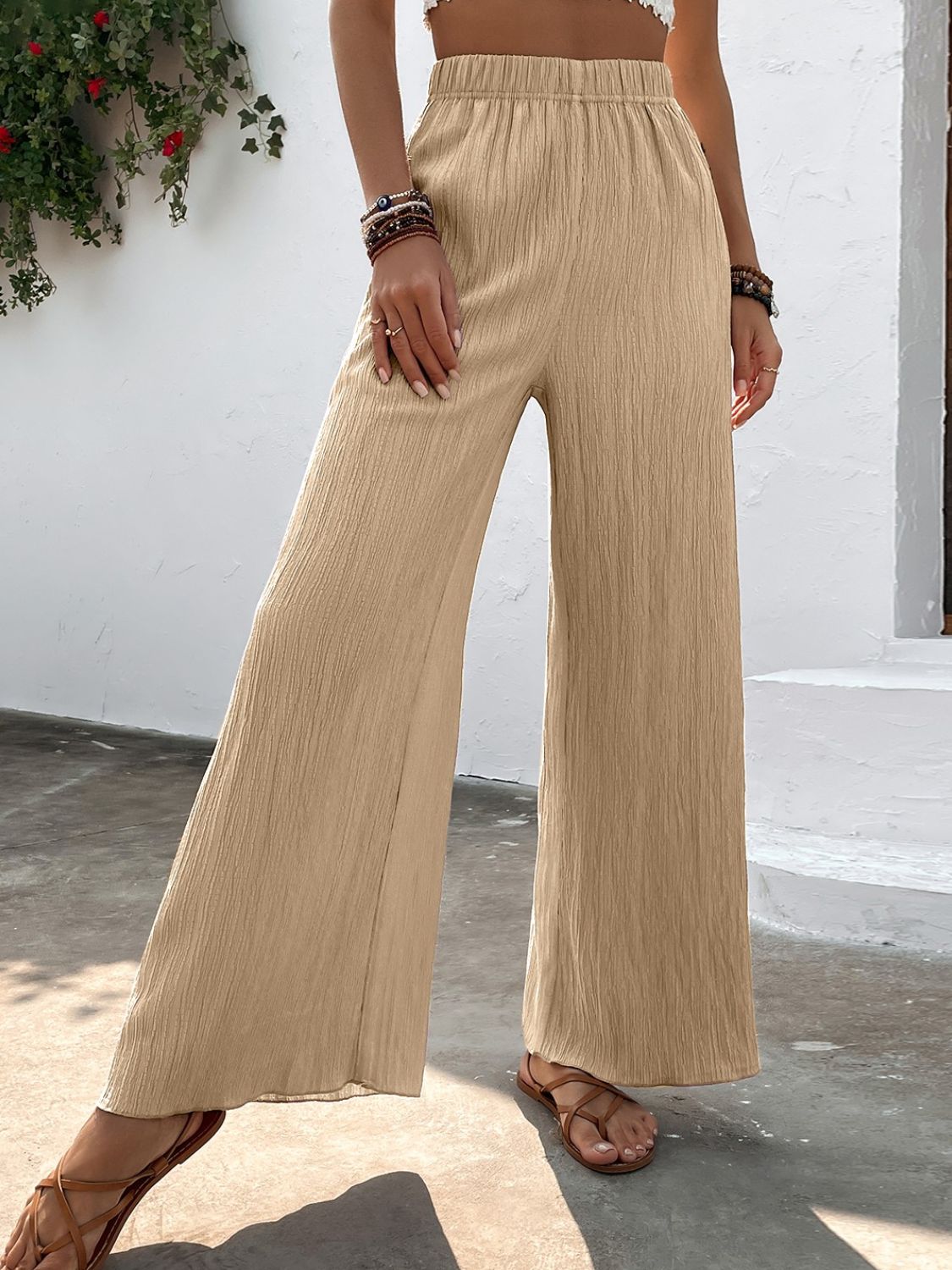 Rosy Brown Textured High-Waist Wide Leg Pants Sentient Beauty Fashions Apparel & Accessories