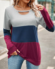 Gray Color Block Cutout Round Neck Long Sleeve T-Shirt Sentient Beauty Fashions Apparel & Accessories