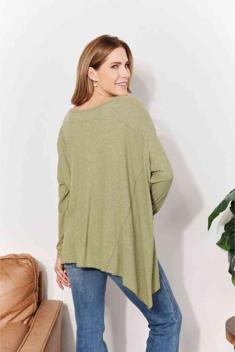 Light Gray HEYSON Full Size Oversized Super Soft Rib Layering Top with a Sharkbite Hem and Round Neck Sentient Beauty Fashions Apparel &amp; Accessories