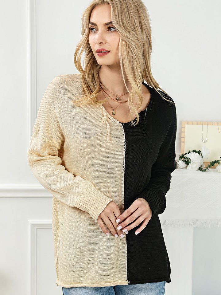 Two-Tone V-Neck Long Sleeve Knit Top