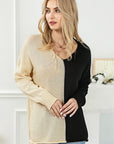 Light Gray Two-Tone V-Neck Long Sleeve Knit Top