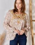 Gray Hailey & Co Embroidered Printed Balloon Sleeve Blouse Sentient Beauty Fashions Apparel & Accessories