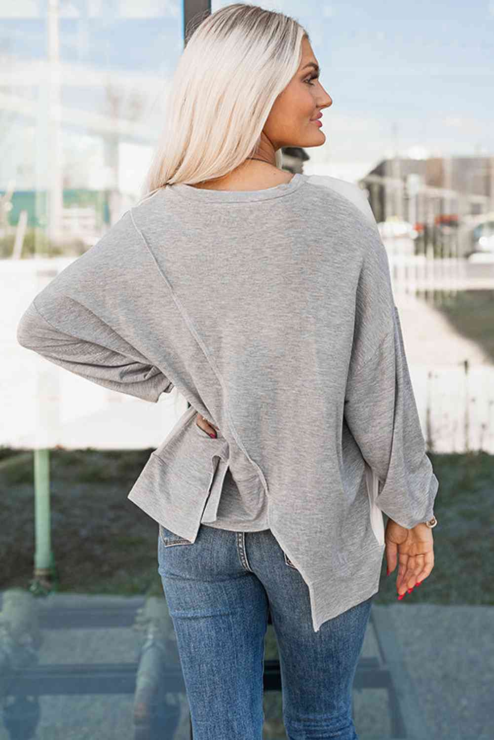 Gray Color Block Exposed Seam Asymmetrical Sweatshirt Sentient Beauty Fashions Apparel & Accessories