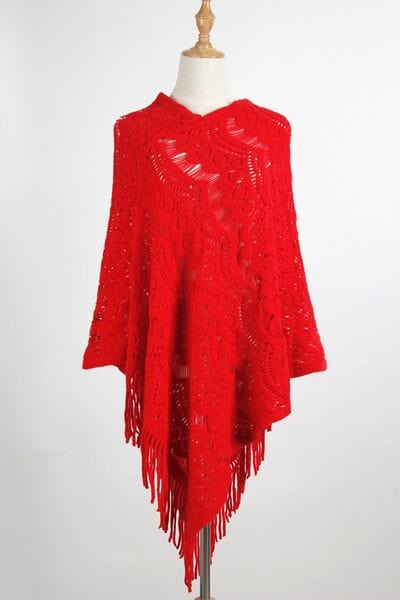 Firebrick Fringe Openwork Surplice Cape Sleeve Poncho