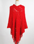 Firebrick Fringe Openwork Surplice Cape Sleeve Poncho