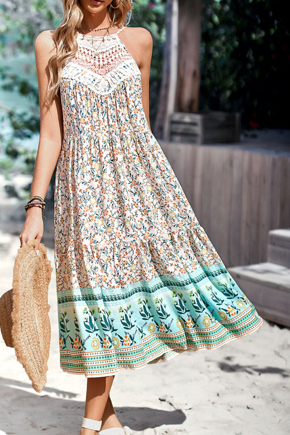 Gray Floral Print Bohemian Style Round Neck Sleeveless Dress Sentient Beauty Fashions Dresses