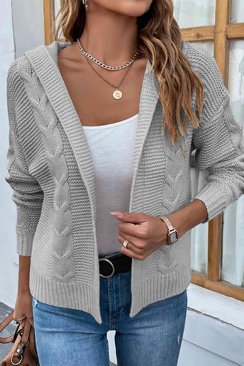 Dark Gray Cable-Knit Dropped Shoulder Hooded Cardigan