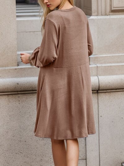 Rosy Brown Half Button V-Neck Long Sleeve Dress with Pockets