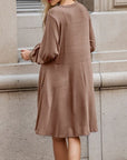 Rosy Brown Half Button V-Neck Long Sleeve Dress with Pockets