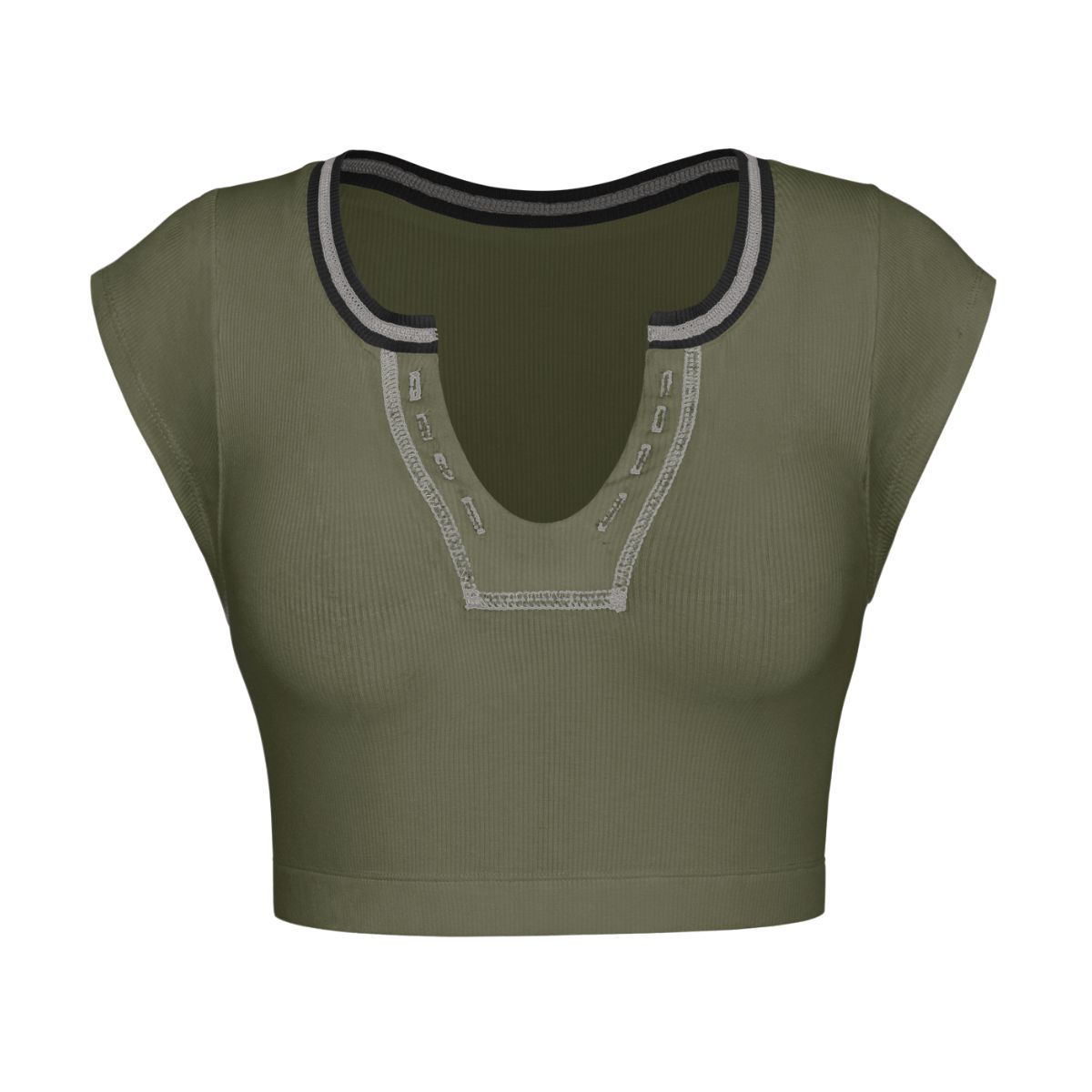 Dark Olive Green Notched Neck Cap Sleeve Cropped Tee Sentient Beauty Fashions Apparel &amp; Accessories