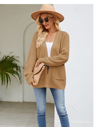 Rosy Brown Open Front Raglan Sleeve Pocketed Cardigan